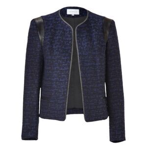 Sandro Paris Wool & Leather Blue Marine Black Knit Jacket w/ Chain Size 36 /US 4
